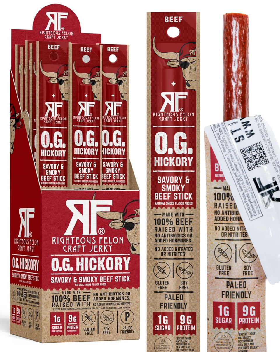 Righteous Felon OG Hickory beef sticks on display, high-protein on-the-go snack.