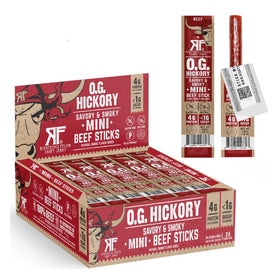 Righteous Felon OG Hickory mini beef sticks packaging; convenient protein on the go.