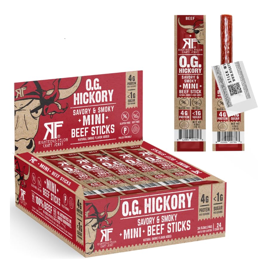 Righteous Felon OG Hickory mini beef sticks packaging; convenient protein on the go.