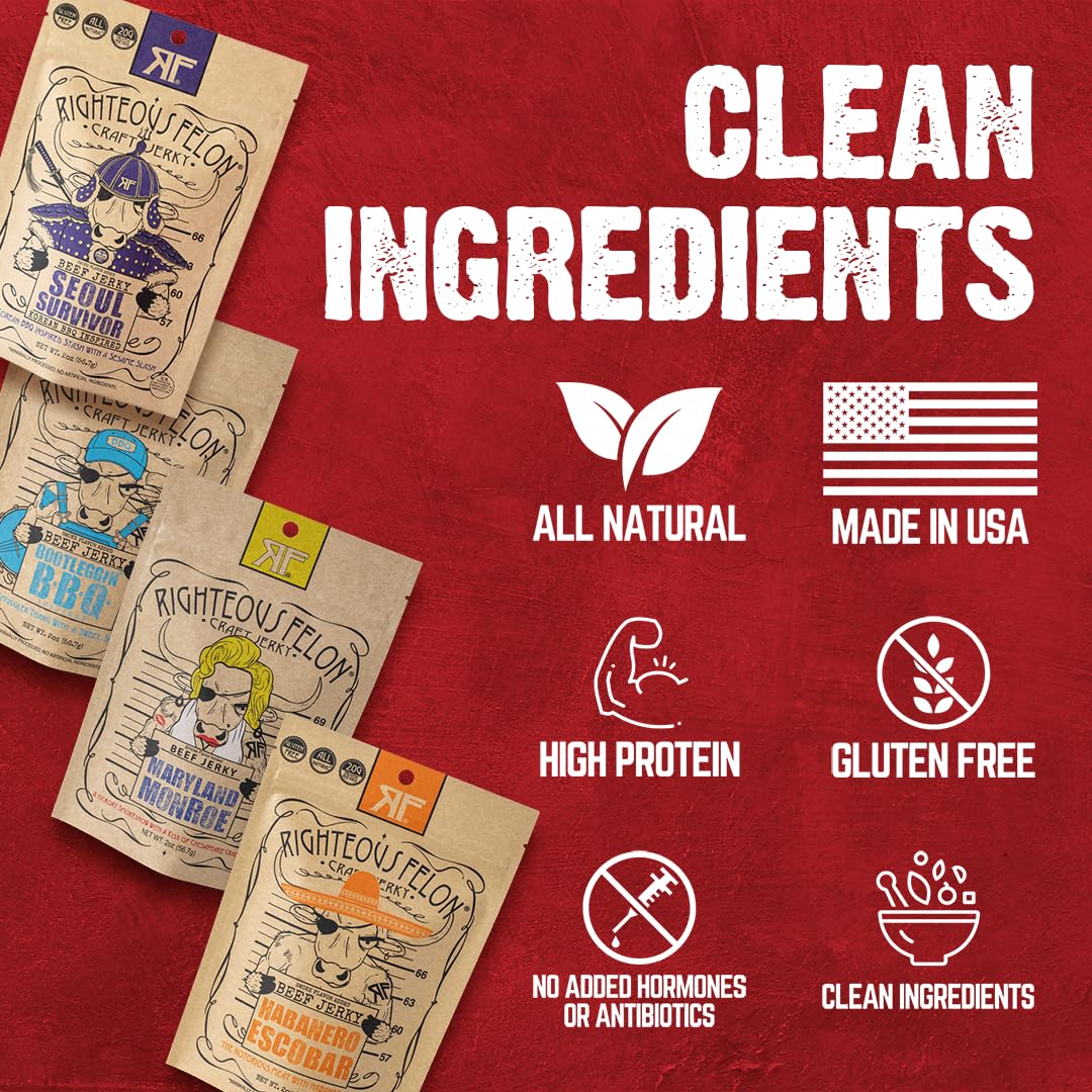 Righteous Felon Premium Meats jerky—quality ingredients for clean snacking.