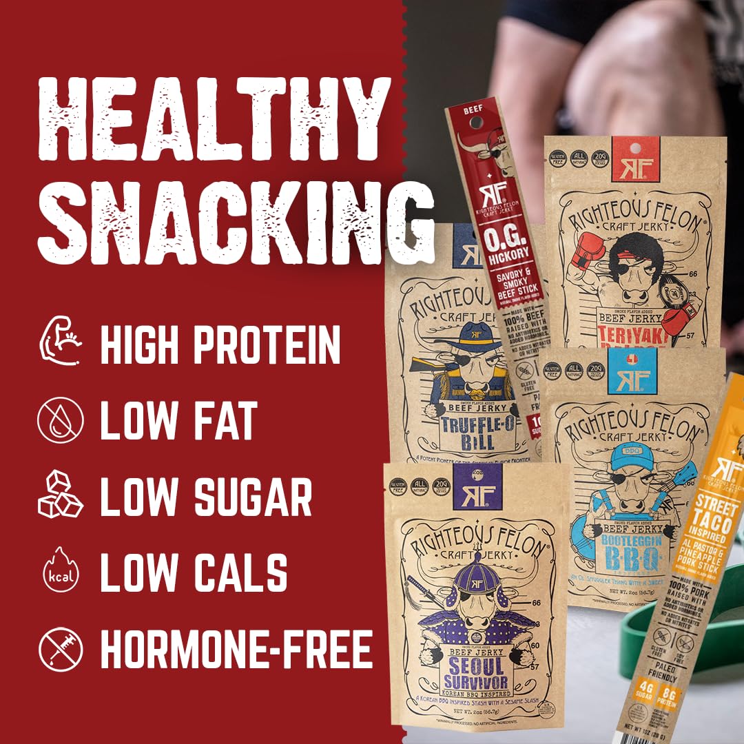 Righteous Felon pork jerky strips in a savory, satisfying bite.