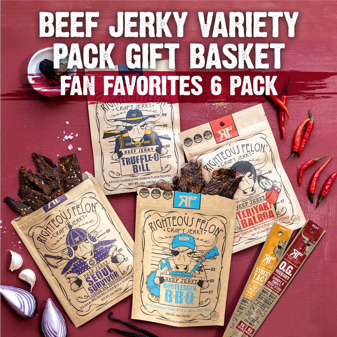 Righteous Felon beef jerky slices on display, ideal for office snacks.