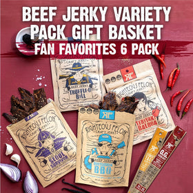 Righteous Felon beef jerky slices on display, ideal for office snacks.