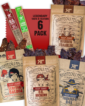 Righteous Felon Savory Beef Jerky Variety Pack box—perfect for gifting and on-the-go protein.