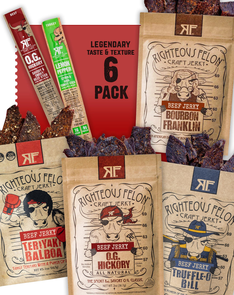 Righteous Felon Savory Beef Jerky Variety Pack box—perfect for gifting and on-the-go protein.