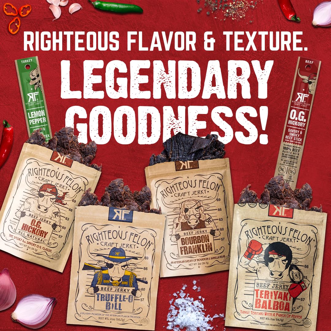 Righteous Felon Savory Jerky gift-pack close-up—high-protein snack for travelers.