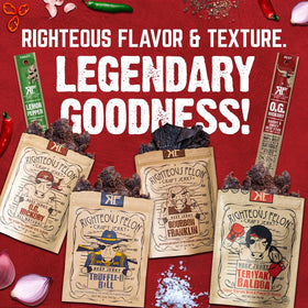 Righteous Felon Savory Jerky gift-pack close-up—high-protein snack for travelers.