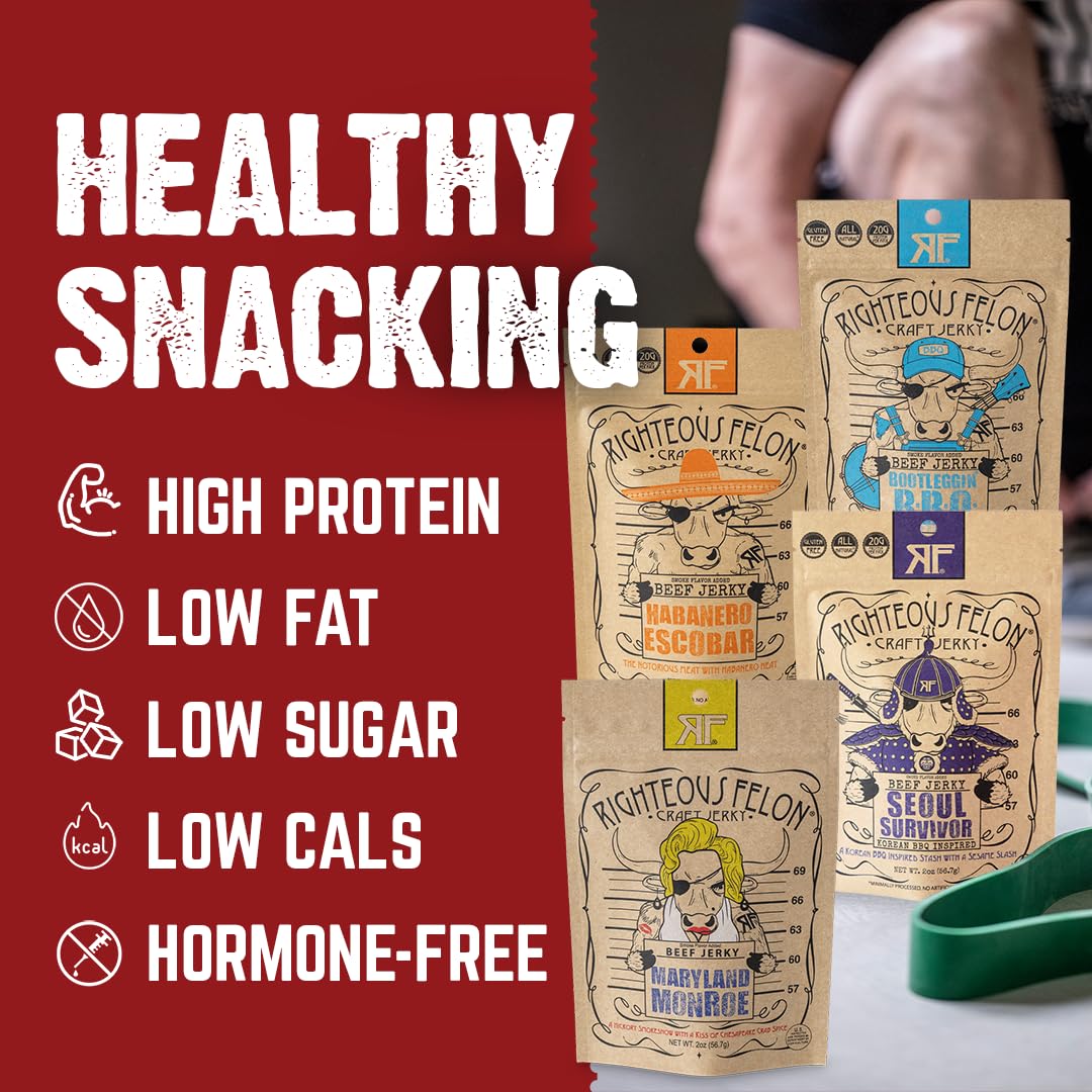 Righteous Felon Seoul Survivor jerky—bold bite for workouts.