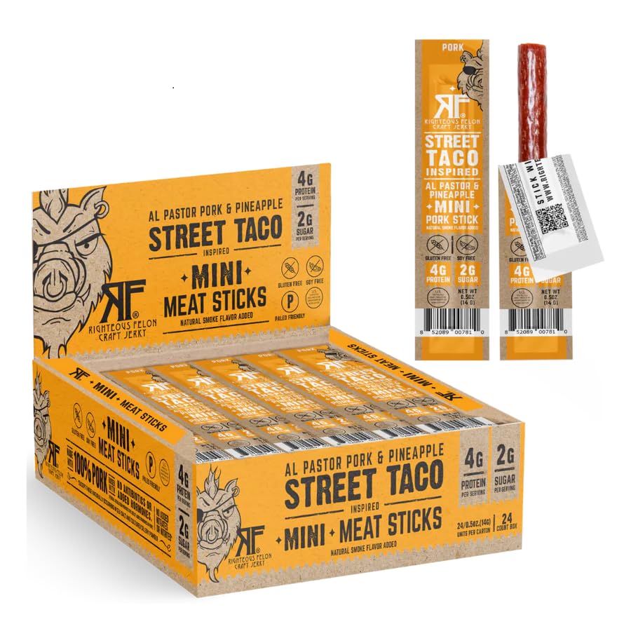 Righteous Felon Street Taco mini pork sticks packaging, high-protein snack for on-the-go.