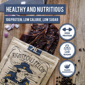 Righteous Felon Truffle-O-Soldier jerky close-up texture highlights chewy, savory bite.