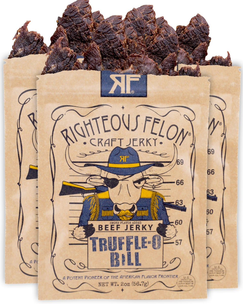 Righteous Felon Truffle-O-Soldier jerky pack shows premium beef for on-the-go snacking.
