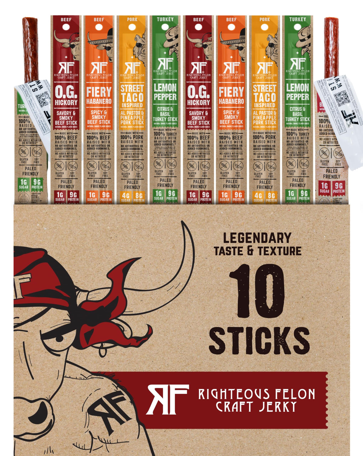Righteous Felon variety meat sticks pack, ready-to-eat on-the-go protein snack