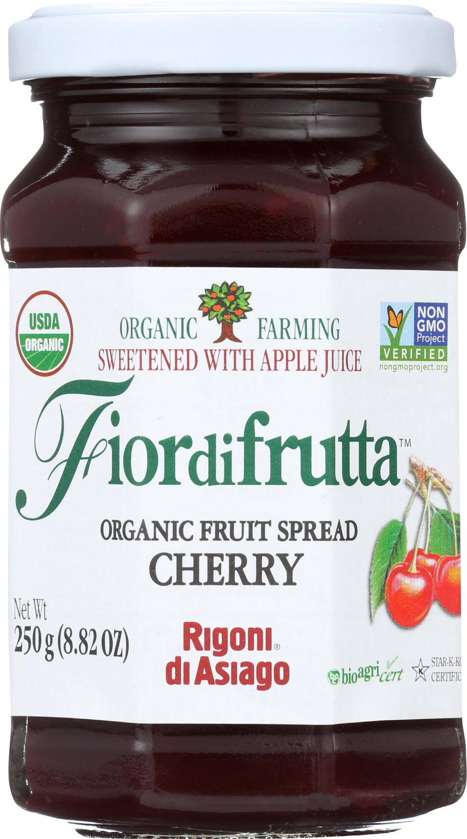 Rigoni di Asiago Fiordifrutta Cherry spread jar showcasing vibrant color and organic quality.