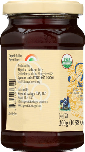Rigoni di Asiago forest honey glass close-up with label