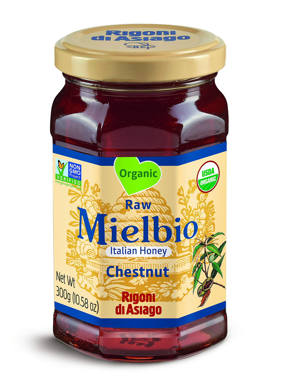 Rigoni di Asiago Mielbio raw chestnut honey bottle with dark amber color and rich aroma.