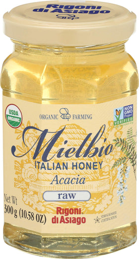 Rigoni di Asiago Mielbio Acacia honey bottle, pale color, ideal for gentle sweetening.