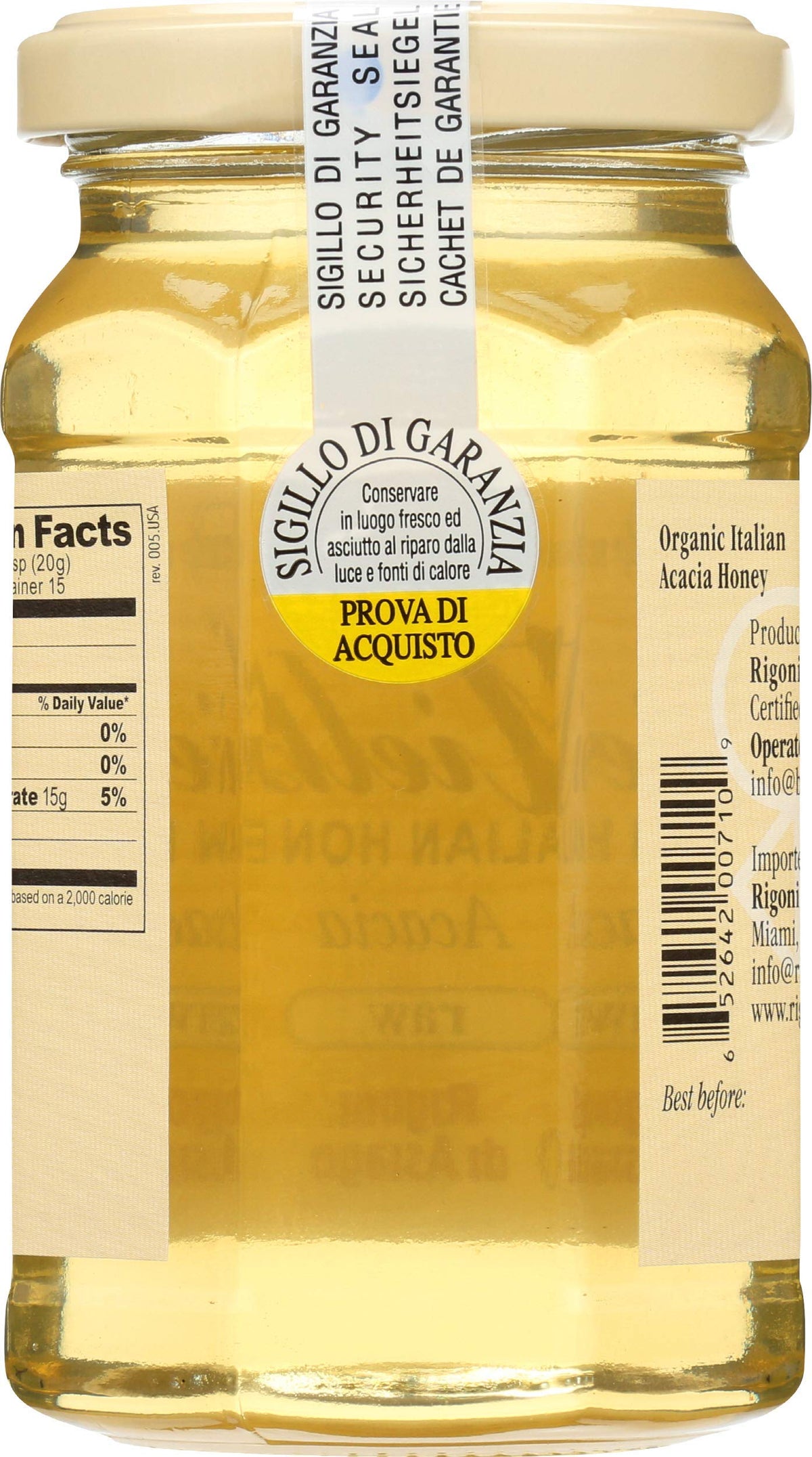 Rigoni di Asiago Mielbio Acacia honey jar close-up, clear and light for desserts.