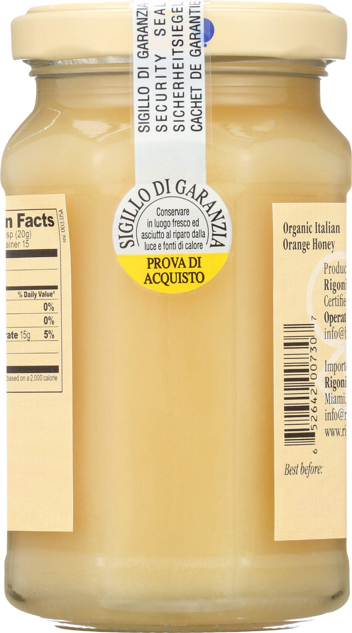 Rigoni di Asiago Mielbio raw honey jar closeup highlighting vitamins and enzymes