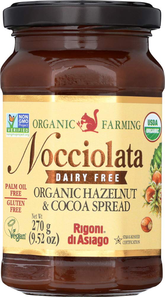 Rigoni di Asiago Nocciolata jar front view, dairy-free hazelnut spread ideal for toast.