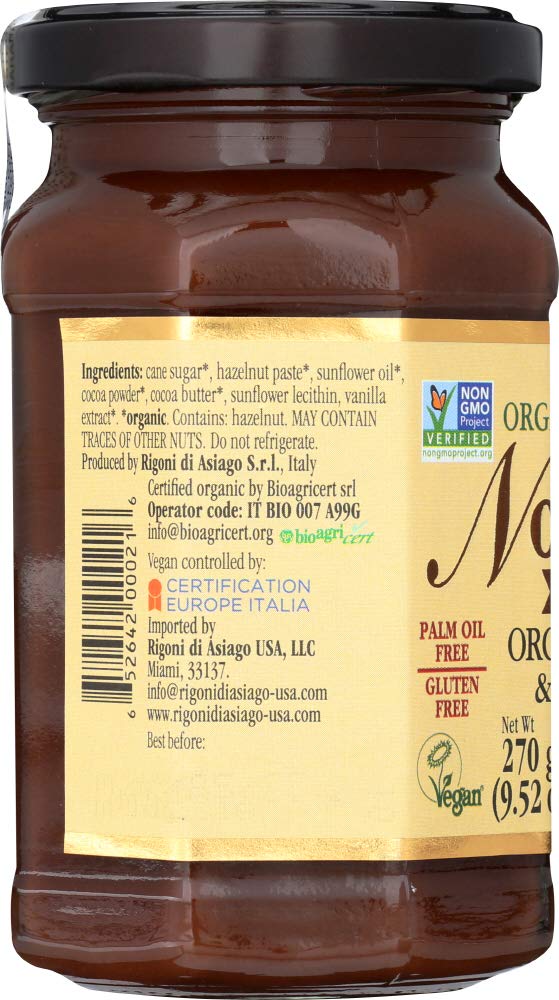 Rigoni di Asiago Nocciolata label close-up, organic cocoa and hazelnut ingredients.