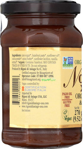 Rigoni di Asiago Nocciolata label close-up, organic cocoa and hazelnut ingredients.