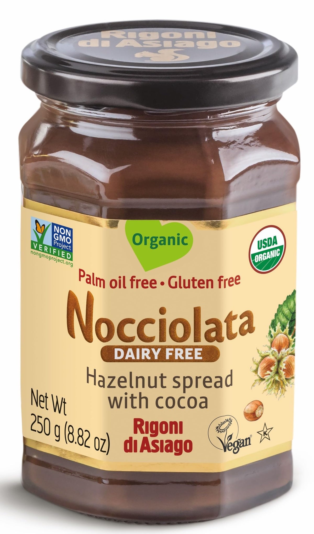 Rigoni di Asiago hazelnut and cocoa spread in a jar; dairy free and organic