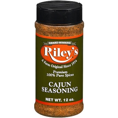 Riley's All Purpose Seasoning bottle with flip-top cap for convenient, even seasoning on seafood and meats.