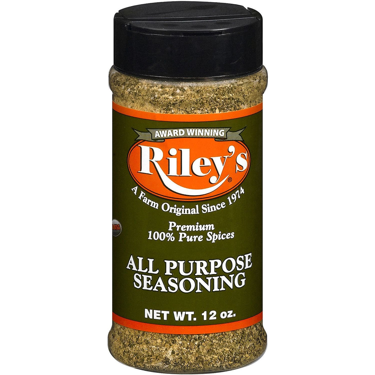 Riley's Award Winning All Purpose Seasoning bottle boosts flavor in everyday meals.