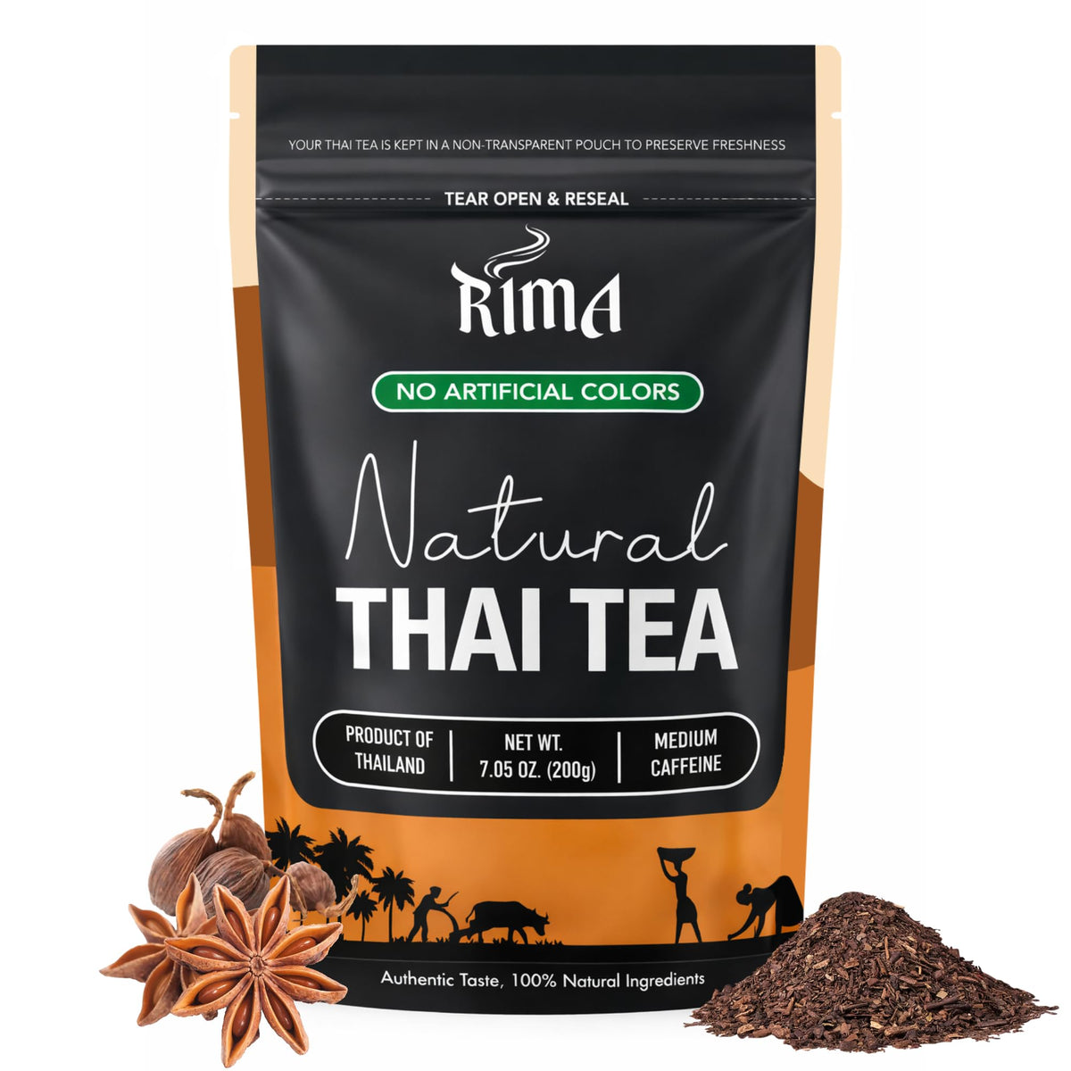 RIMA Authentic Thai Tea Mix packaging highlights natural ingredients for a classic Thai tea.