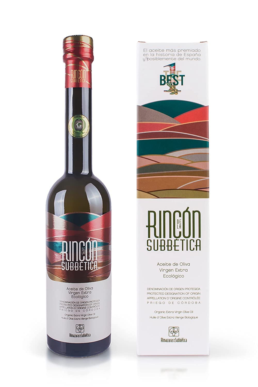 Rincon de la Subbetica olive oil bottle front view, premium organic EVOO for salads.