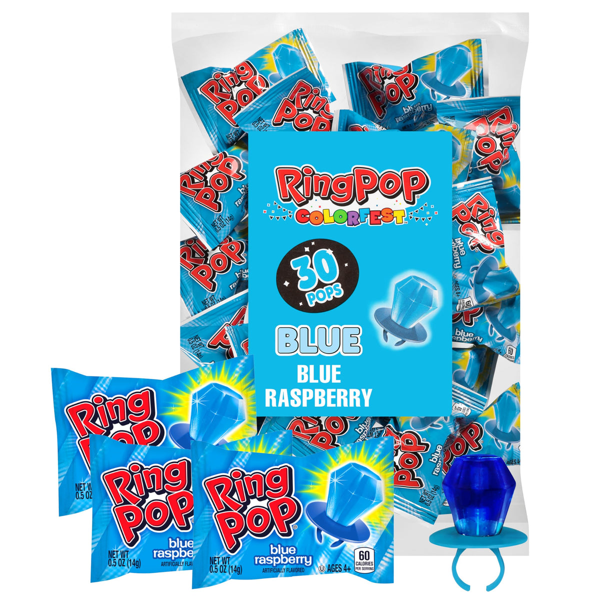 Ring Pop Colorfest Blue Raspberry gem and ring wearable candy for kids party fun