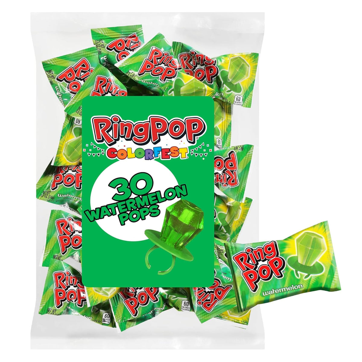 Ring Pop Colorfest Green Watermelon gem candy wearable on a finger for festive fun.