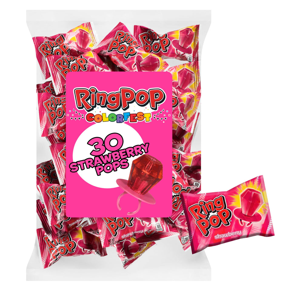 Ring Pop Colorfest Pink Strawberry gem and ring, a wearable treat for kids.