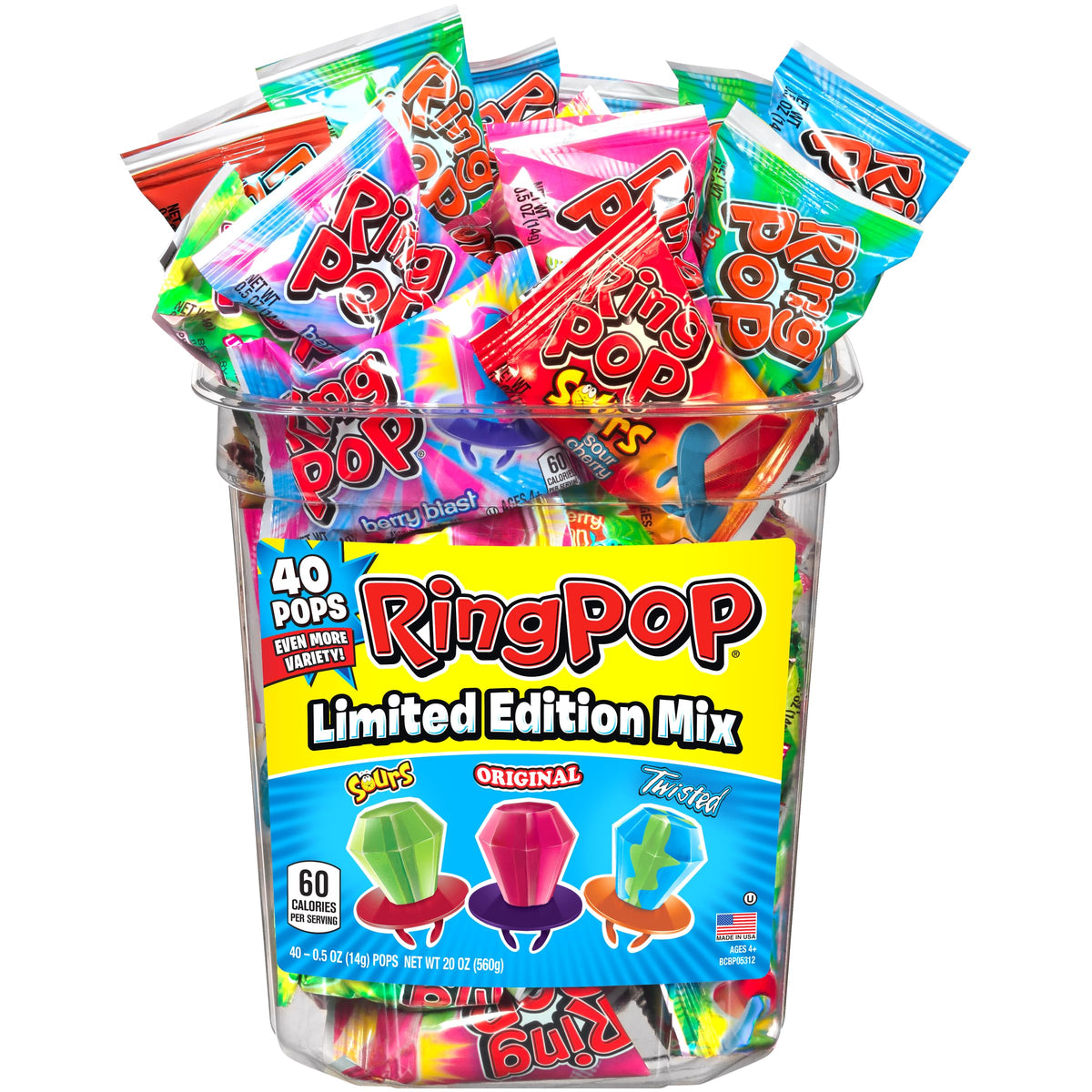 Ring Pop hard candy pops front view shows colorful flavors for portable snacking