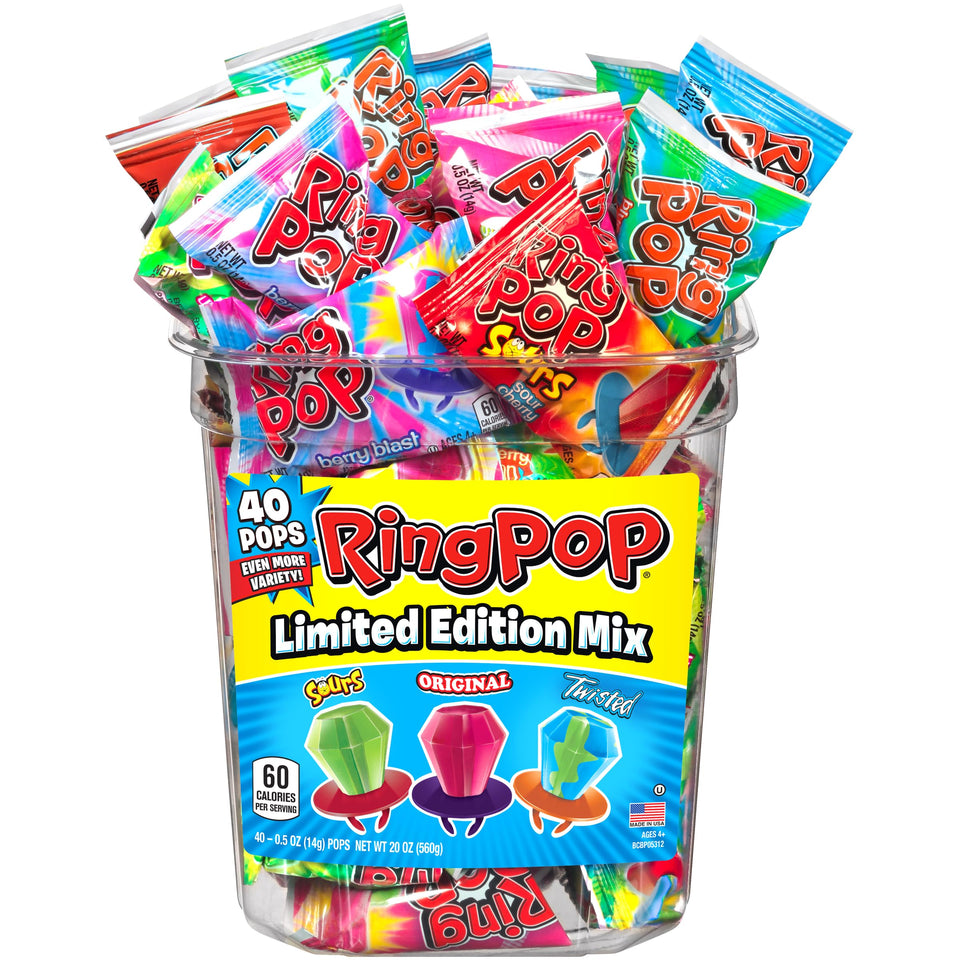 Ring Pop hard candy pops front view shows colorful flavors for portable snacking