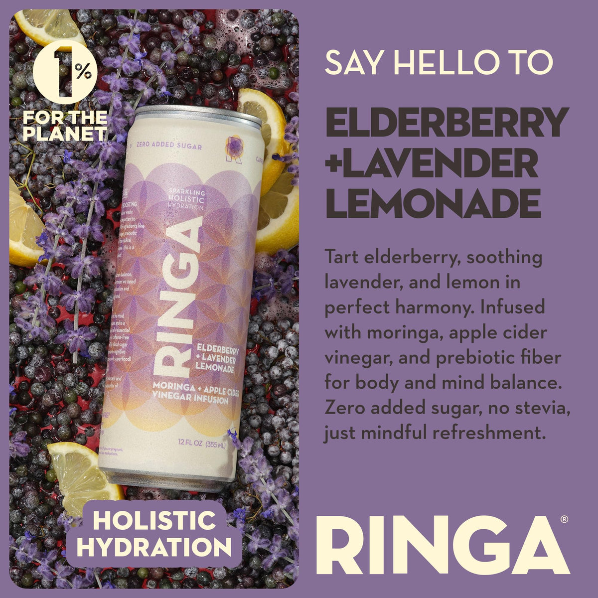 RINGA Elderberry Lavender Lemonade glass pour showing a calming, spa-like hydration moment.