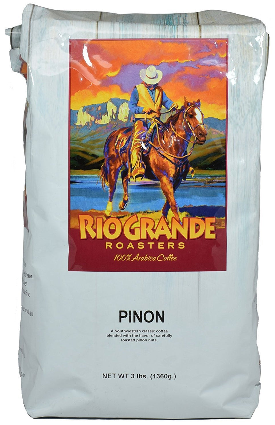 Rio Grande Roaster Pinon coffee beans in a 3-lb bag with nutty pinon flavor for daily brew.