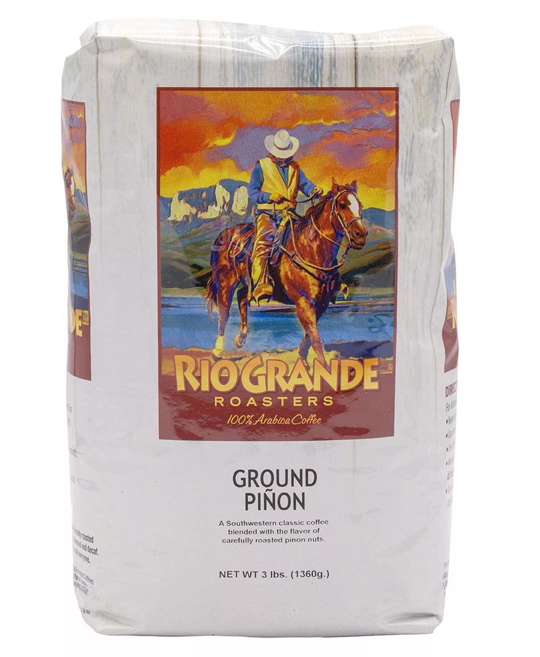 Rio Grande Roasters Pinon ground coffee beans in 3 lb bag, fresh aroma for every cup.