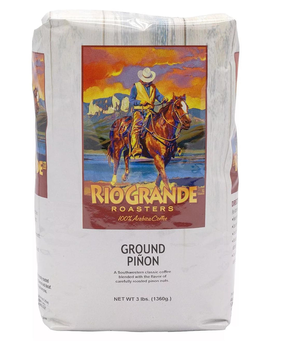 Rio Grande Roasters Pinon ground coffee beans in 3 lb bag, fresh aroma for every cup.