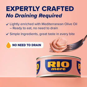 Rio Mare drizzle-ready image for no-drain meals, signaling easy Mediterranean flavor.