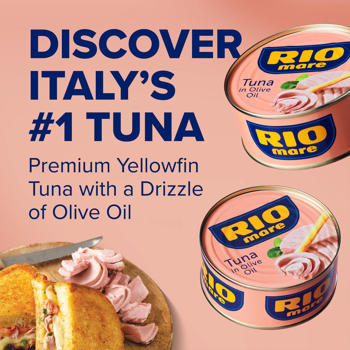 Rio Mare yellowfin tuna in olive oil packaging, showing convenient no-drain serving.