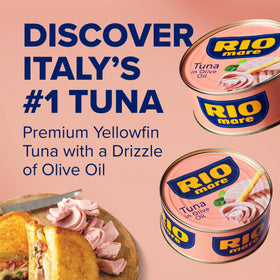Rio Mare yellowfin tuna in olive oil packaging, showing convenient no-drain serving.