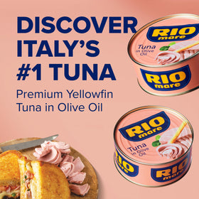 Rio Mare tuna on plate with olive oil highlights Mediterranean flavors.
