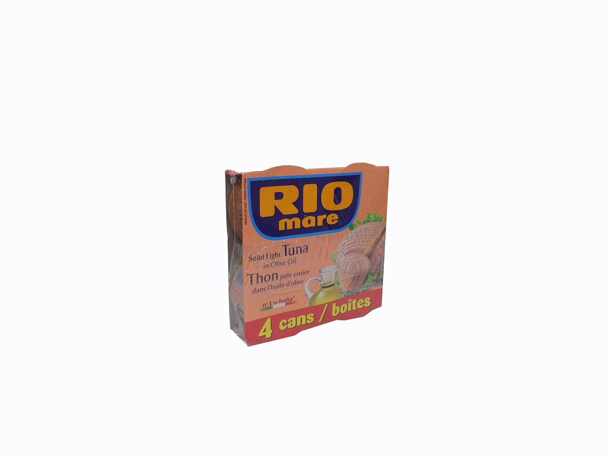 Rio Mare Solid Light Tuna can closeup shows flaky texture ideal for salads.