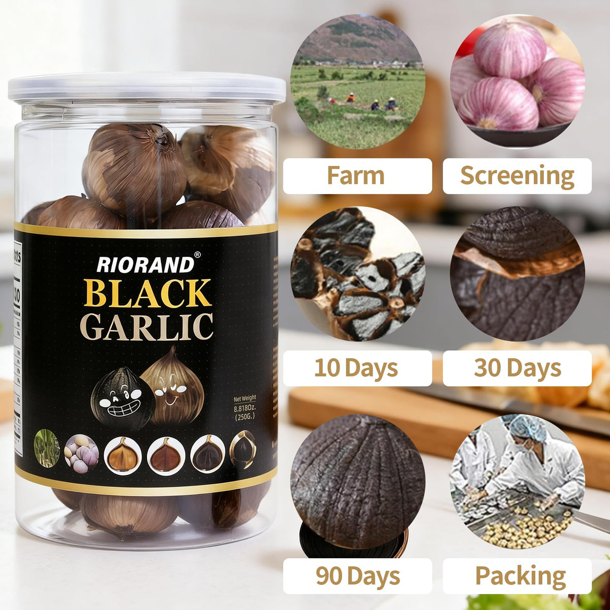 RioRand 90-day fermentation process highlighting premium garlic quality.