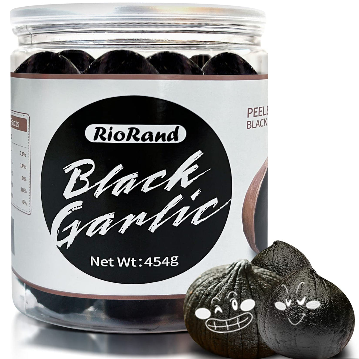 RioRand Black Garlic 454g jar on kitchen counter, ready to enhance meals