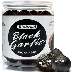 RioRand Black Garlic 454g jar on kitchen counter, ready to enhance meals