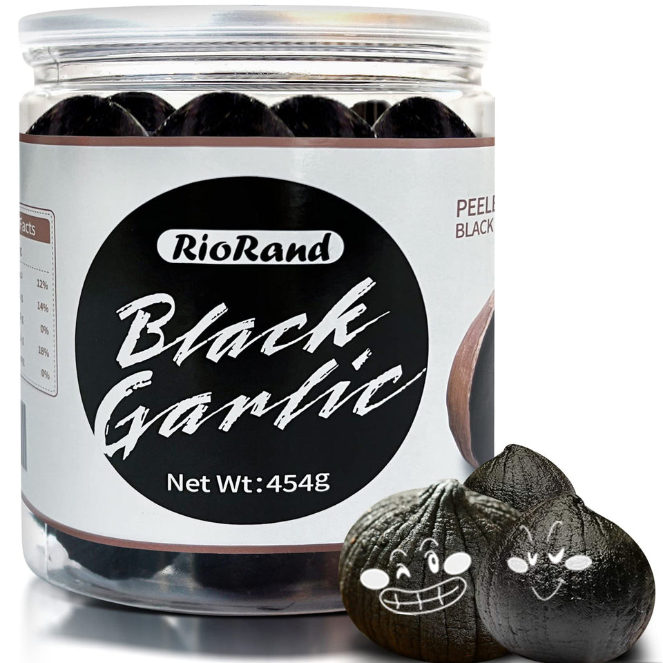 RioRand Black Garlic 454g jar on kitchen counter, ready to enhance meals