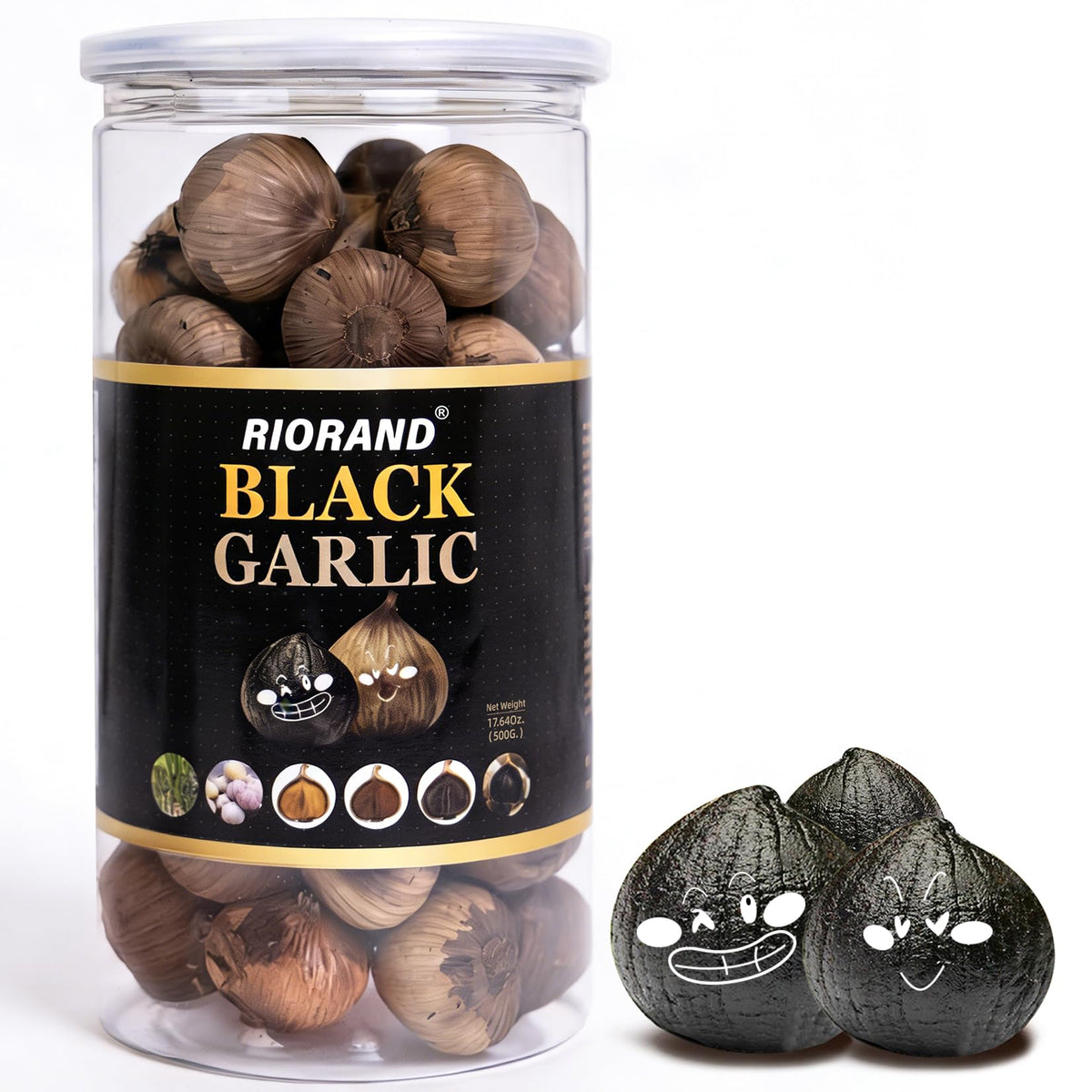 RioRand Black Garlic 90-Day Fermentation close-up showing glossy cloves for rich flavor.