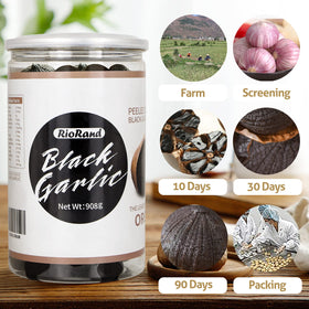 RioRand black garlic jar side view highlights label and single-ingredient identity.